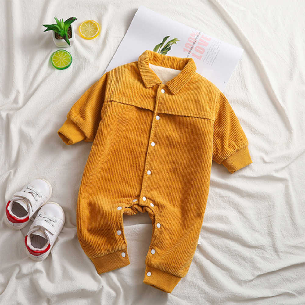 Mudkingdom Winter Baby Romper Corduroy Collared Fleece Lined Jumpsuits Clothes 210615
