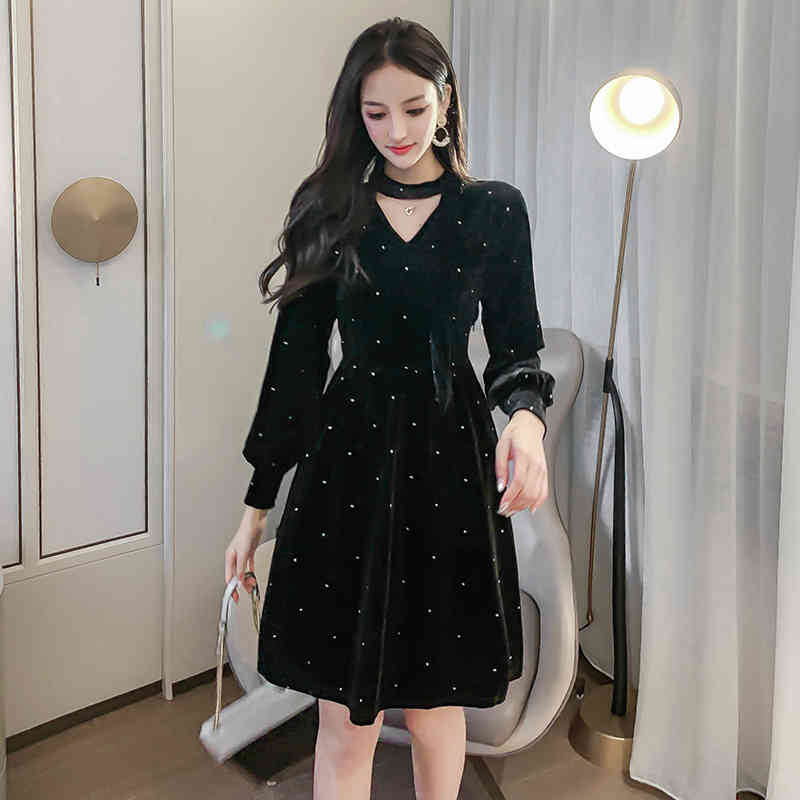 Autumn Velvet Spring Girls Female Vintage Dress Long Sleeve Oversize Women Dresses Black sexy Boho Robe Vestido 210417Z