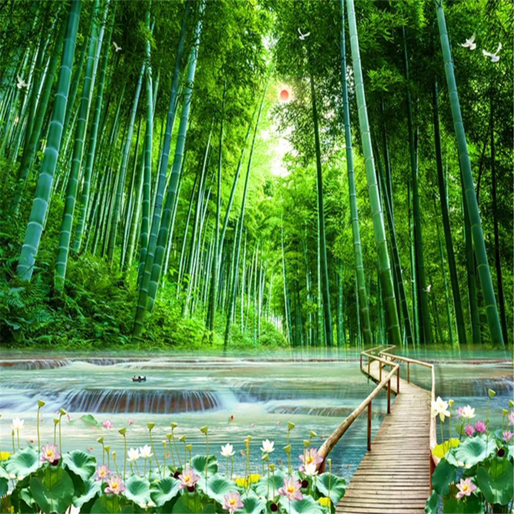 Walls Bamboo Forest 3d Wooden Bridge Green Tree Water Wallpapers Mural Home Decor