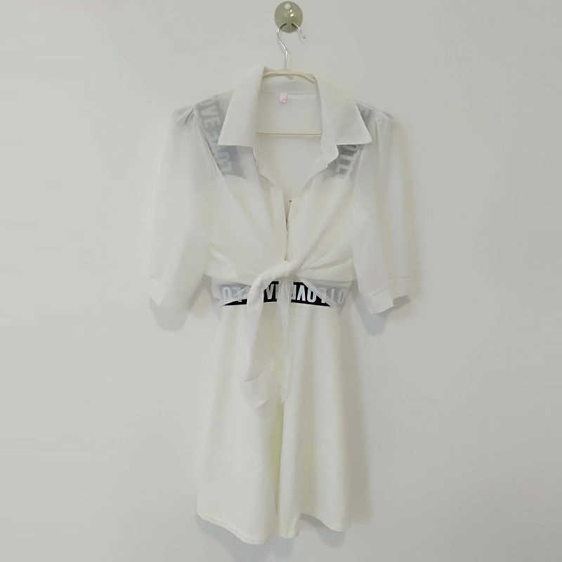 Fashion Women Lantern Sleeve Turn Down Chiffon Shirt Top + Mini Short A Line Letter Spaghetti Strap Dress Two Pieces Sets 210708