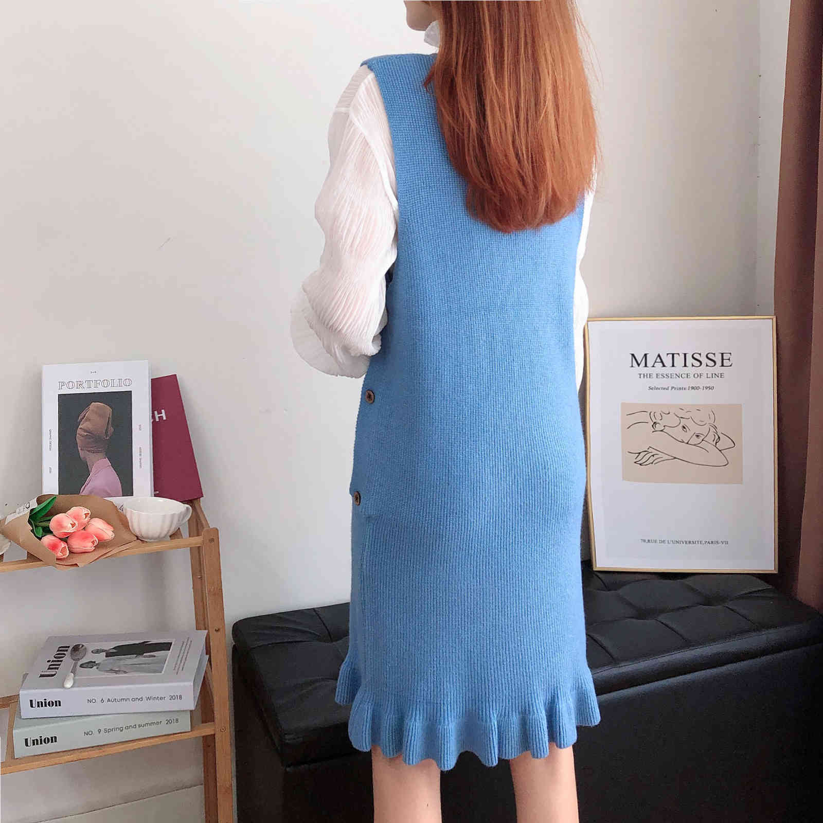 Knitted Two Pieces Set Women Autumn Winter Casual Suit Knit Vest Ruffle Dress White Mesh Blouse Korean Chic Ladies Sets 210519