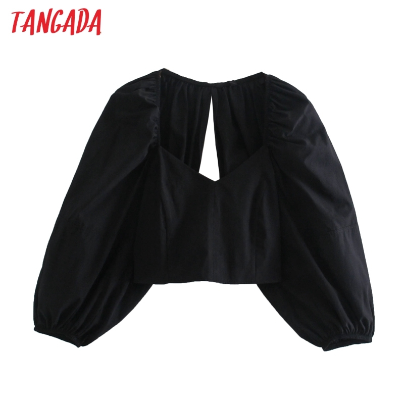 Women Retro Black Backless Crop Puff Short Sleeve Summer Chic Female Slim Shirt Tops 4N16 210416