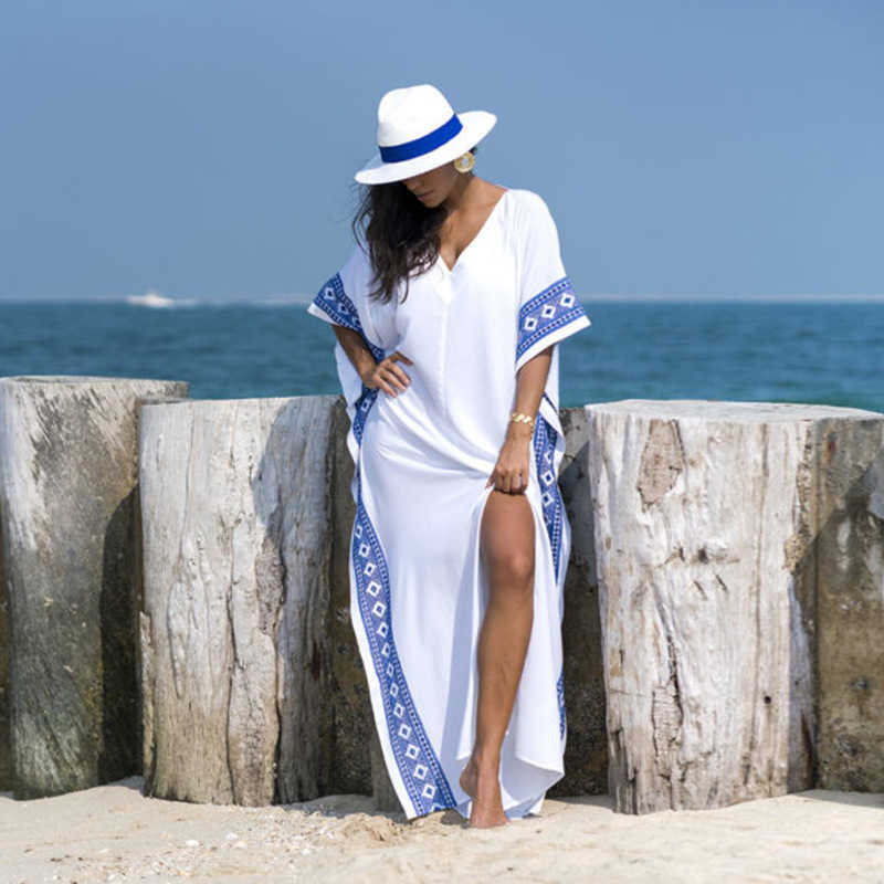 Embroidered Robe Beach Cover-Ups Sexy Deep V-neck Side High Split Loose Ladies Swim Coverup Women Boho Summer Dress White 210604