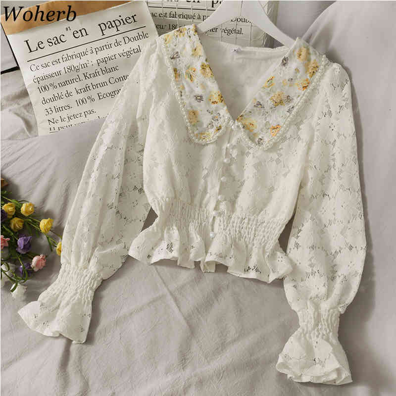 Elegant Lace Patchwork Hollow Out Blouse Women Peter Pan Collar Long Sleeve Cropped Blusas Spring Summer Shirt 210519
