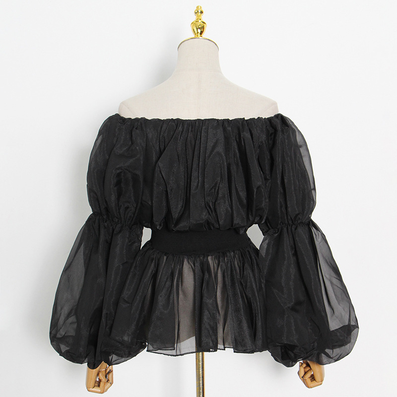 Chic Fashion Slash Neck Lantern Sleeve Shirts Women Elegant Temperament Office Lady Blouses Spring Solid Pleated Tops 210525