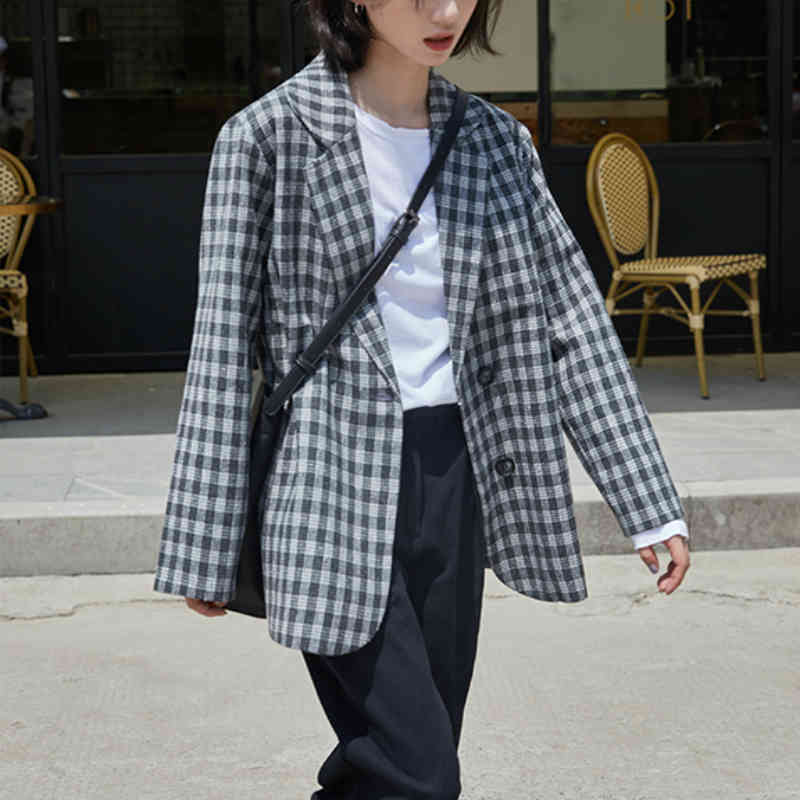 Women Elegant Plaid Blazer Jackets Spring Autumn Long Sleeve Double Button Woolen Suits Coats Female Fashion Outwear 210514