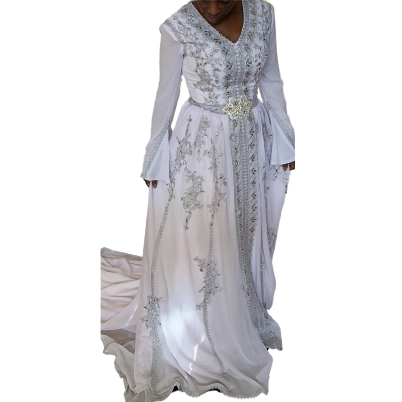 Real Photos Crystals Beaded Moroccan Kaftan Evening Dresses Elegant White Chiffon Long Sleeve Formal Evening Gowns With Silver Lace Appliques A Line P
