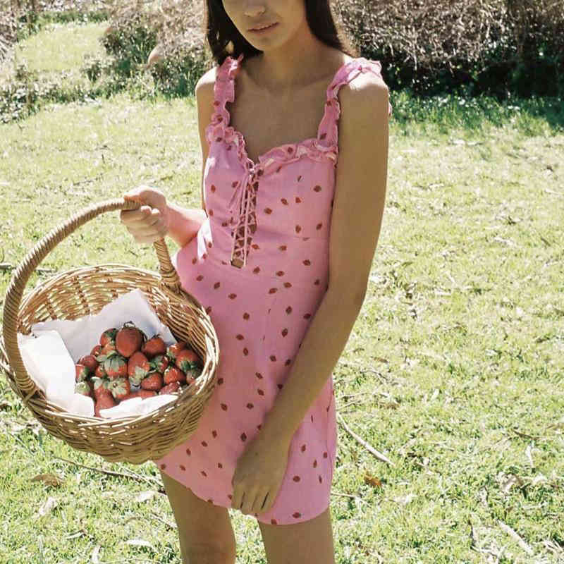 women Summer Dress Sexy front lace-up chiffon beach Vintage boho ruffle spaghetti strap mini dress korean vestidos 210521