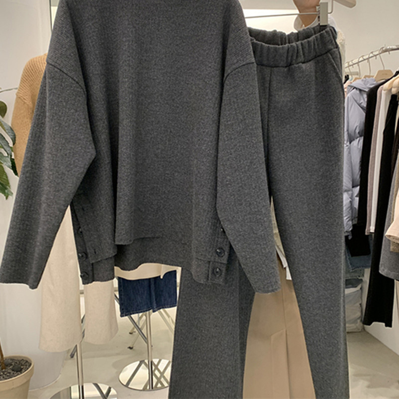 Nomikuma Spring New Two Piece Suits Turtleneck Long Sleeve Pullover Sweater + High Waist Wide Leg Long Pants Sets 6E814 210427
