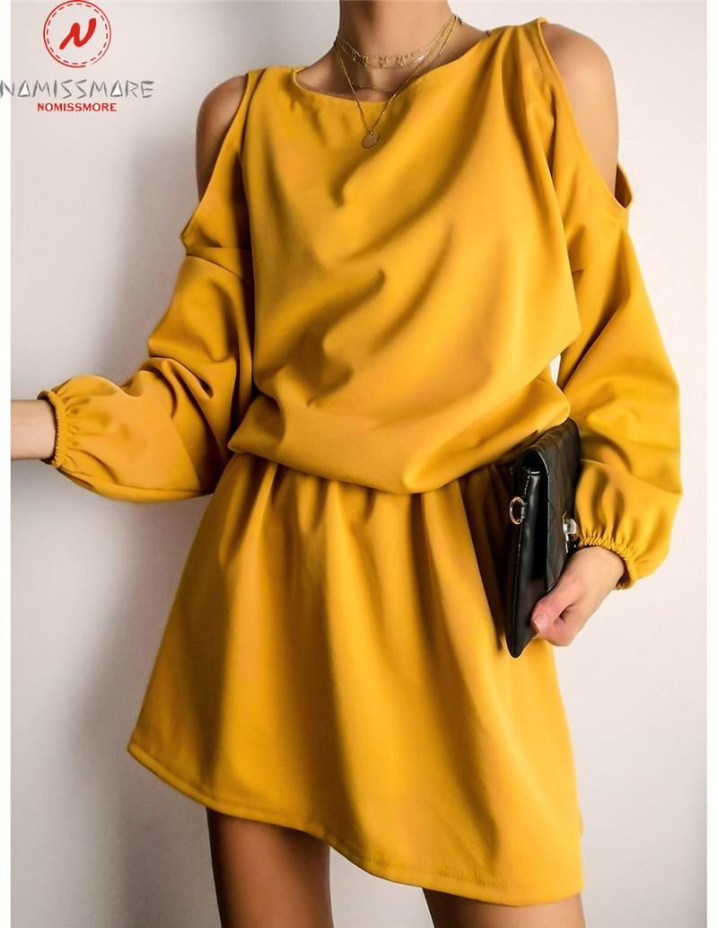 Fashion Women Solid Color Mini Dress Hollow Out Design Off Shoulder O-Neck Long Sleeve Mid Waist Casual Loose Pullovers Dresses