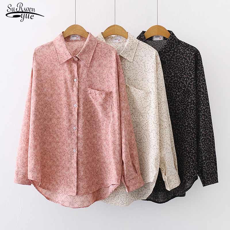 Long Sleeve Chiffon Floral Blouse Casual Autumn Korean Style Women Print Lapel Cardigan Single Pocket Shirts Blusas 11330 210508