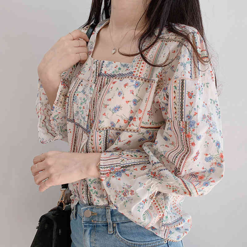 Elegant Square Collar Boho Blouse Women Korean Chic Floral Print Female Shirts Thin Beach Style Blusas Mujer Tops 210519