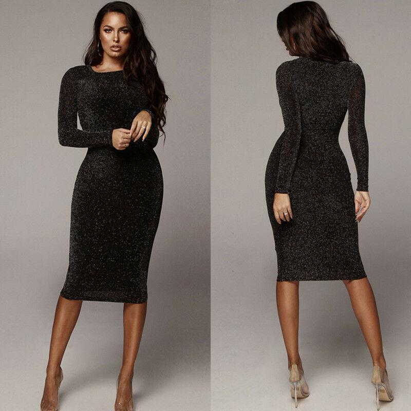 Sexy Women Glitter Crystal Dress Knee Length Bodycon Velvet Dresses Long Sleeve Evening Party Sheath Midi Autumn Clothes Casual