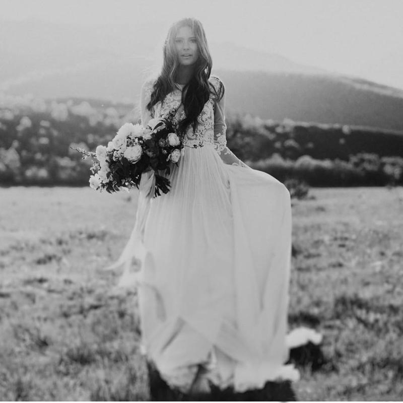 2022 Bohemian Country Wedding Dresses Gown With Sheer Long Sleeves Bateau Neck Mermaid Lace Applique Chiffon Boho Bridal Gowns