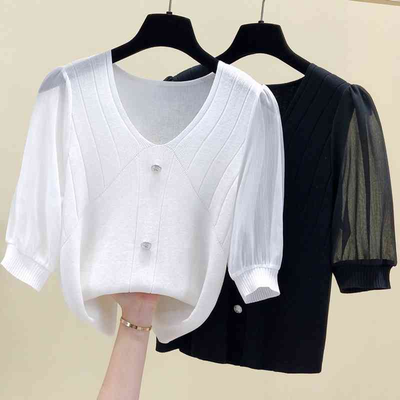 M- plus size mesh Patchwork kintting thin T-shirt Summer short sleeve v neck butto casual Oversized sweater pullover 210604, White
M- plus size mesh Patchwork kintting thin T-shirt Summer short sleeve v neck butto casual Oversized sweater pullover 210604, White