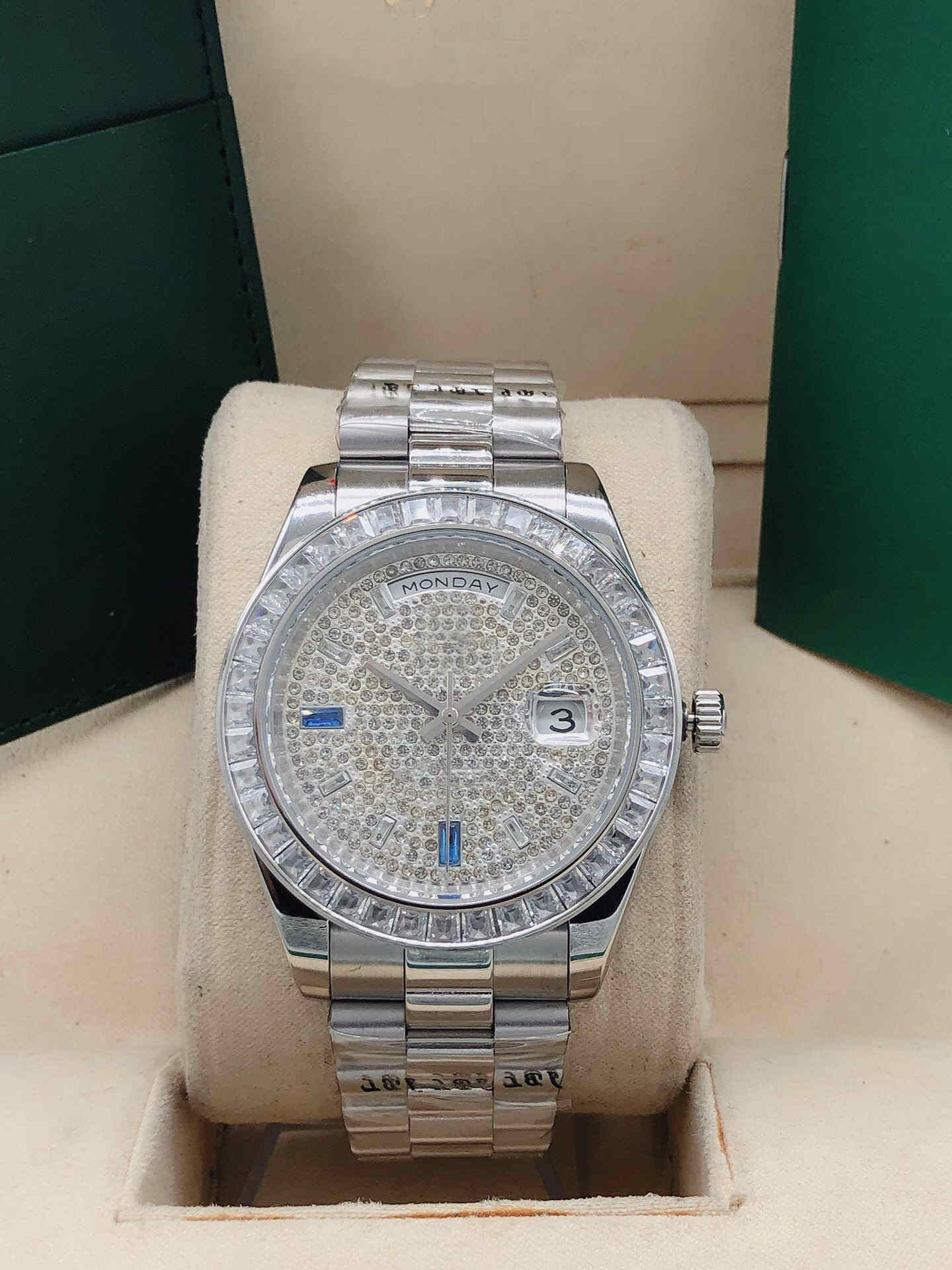 Newest Style Full Diamond Daydate Mens Automatic Watches Stainless Steel Mechanical Movement Men's Watch Sports Business Male Wristwatches, With waterproof
Newest Style Full Diamond Daydate Mens Automatic Watches Stainless Steel Mechanical Movement Men's Watch Sports Business Male Wristwatches, With waterproof