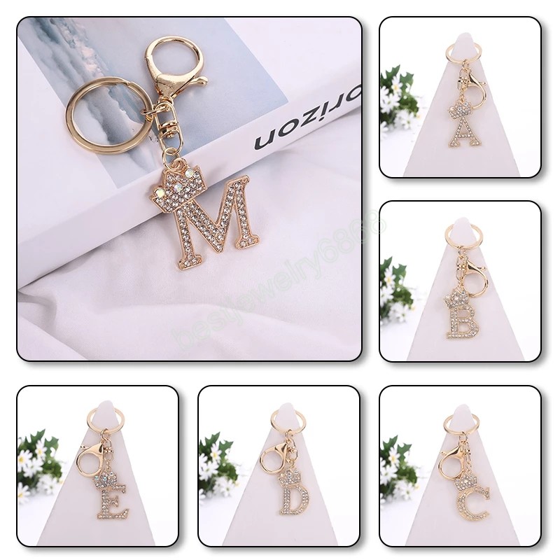 Fashion Shiny Rhinestone Letter Key Rings Gold Color Crown A-Z Initials Keychain Women Bag Hanging Pendant Keyrings