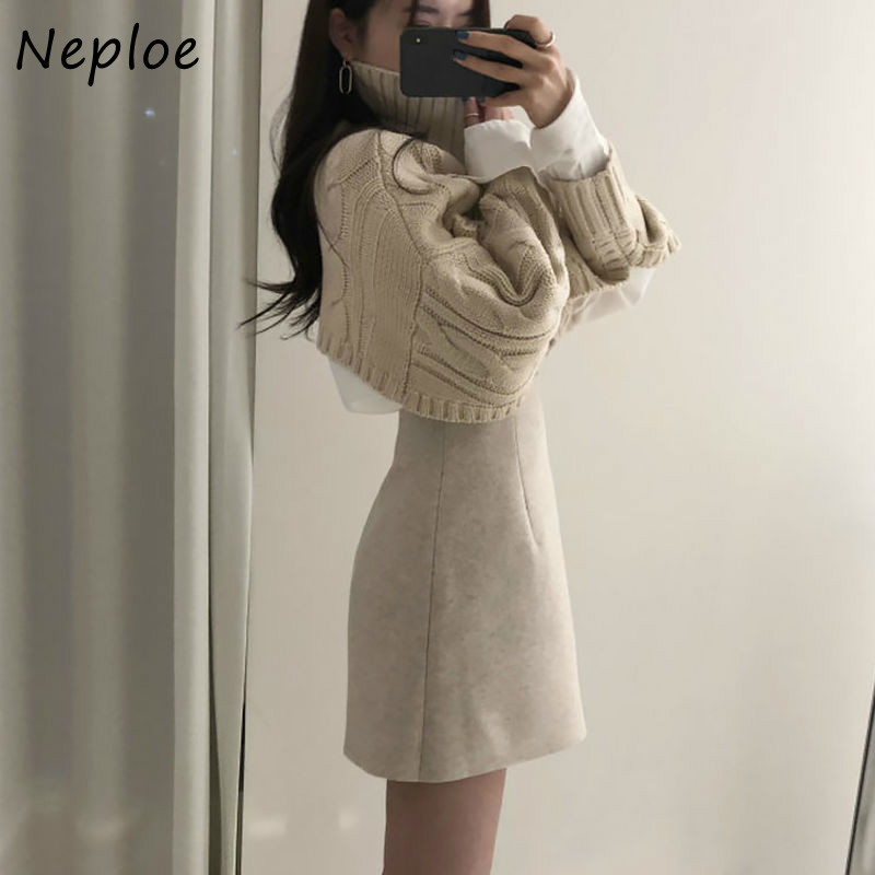 2 Piece Set Women Korean Turtleneck Long Sleeve Sweaters+Irregular High Waist Mini Skirts Autumn Fashion Suits 210422