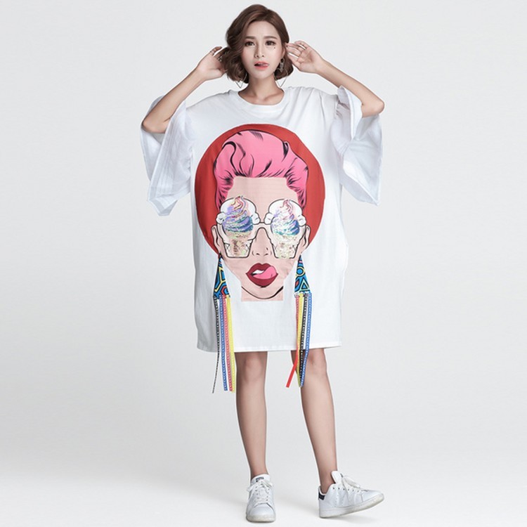 High Quality Summer Women Cartoon Sequin Dress Girl Print es Loose Casual Tassel flare sleeve T Shirt 210519