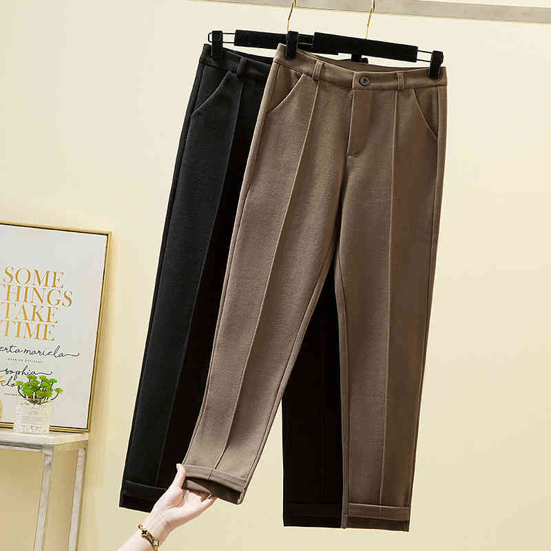 Women Plus Size 4XL Harem Pants Fashion Winter Thick Woolen Pant Female Straight Long Trousers Solid Mujer Pantlatons 210514