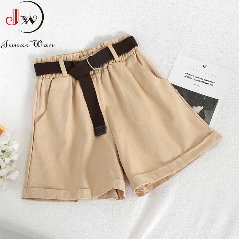 Casual Fashion High Waist Women Summer Cotton Shorts Solid Korean Style Sweet Girls Loose Wide Leg Mini Short Pants With Belt 210714