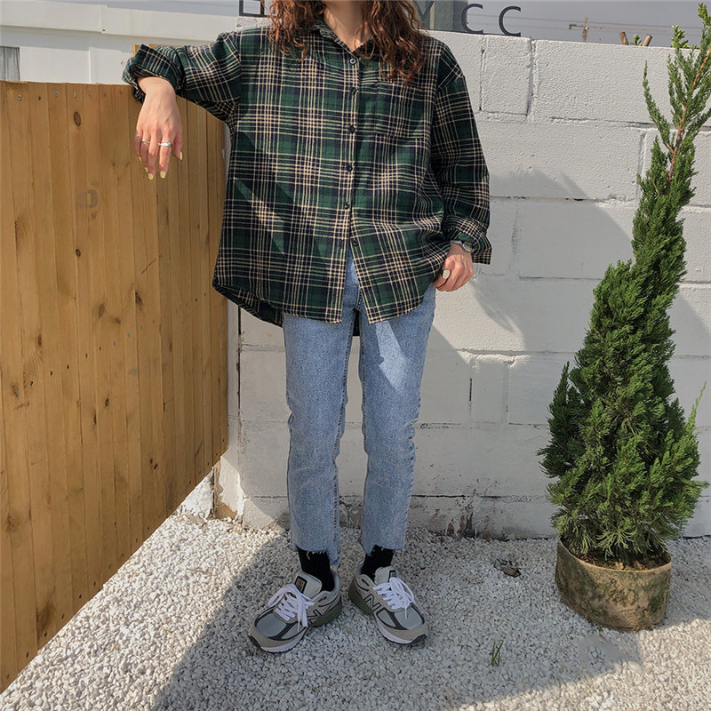 Japanese Plaid Leisure Geometric Large Size Tops Office Loose All Match Women Casual Blouses Long Sleeve Shirts 210421