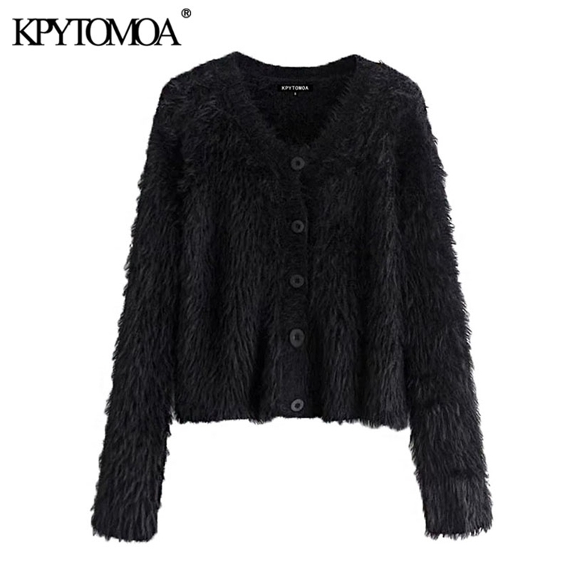 Women Fashion Soft Touch Faux Fur Knitted Cardigan Sweater Long Sleeve Button-up Female Outerwear Chic Top 210420