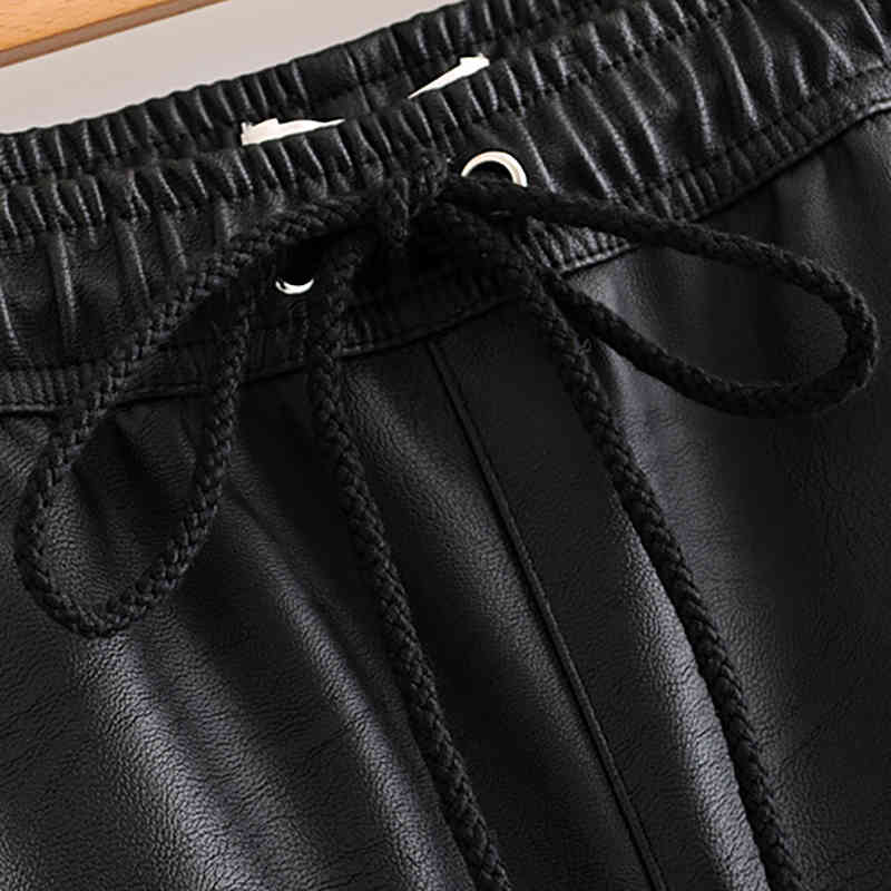 Women Black Chic PU Leather Pants Elastic Waist Long Length Elegant Bottoms Drawstring Tie Pockets Basic Female Trousers XS-XL 210515