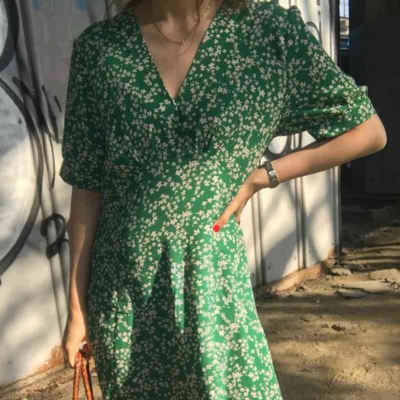 Women Summer Dress Elegant V Neck Flower Long Green Short Sleeve High Waist A-line Midi es French Style 14542 210510