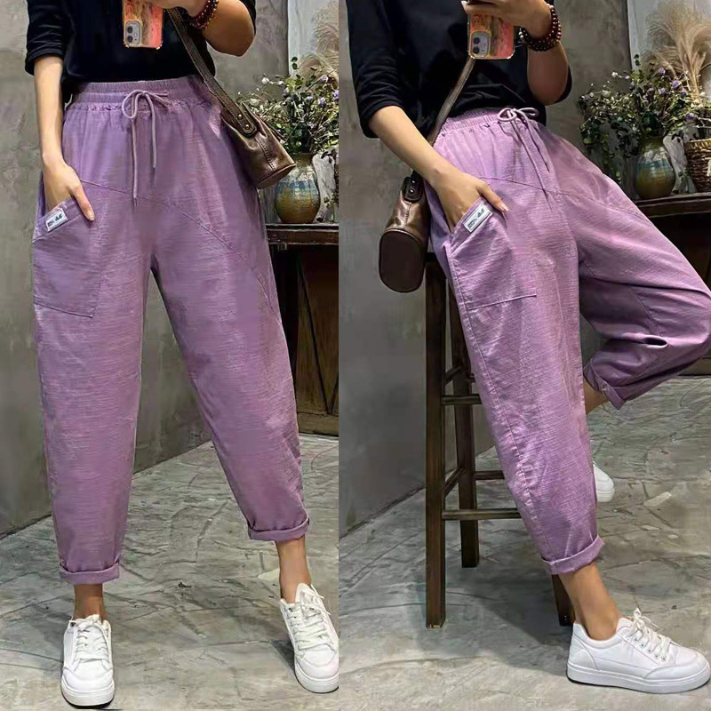 Womens Harem Trousers Spring Summer Cotton Linen loose Pants Solid Elastic waist Soft thin Female ladys trousers 210524