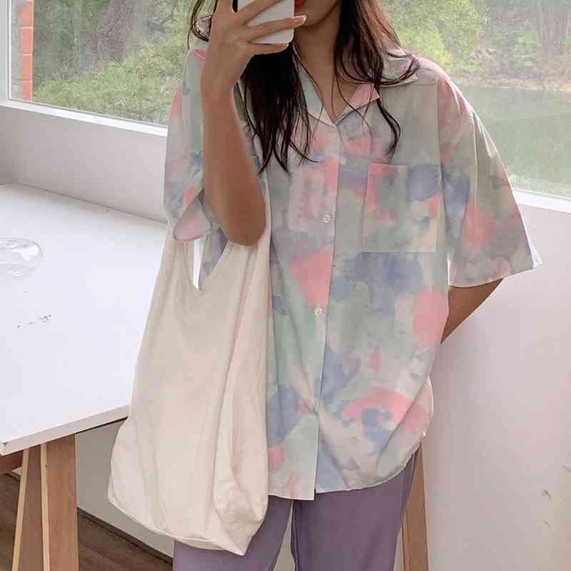 Femme High Street Printed Oversize Gentle Short Sleeves Tops Dying OL Students Casual Summer Brief Outwear Shirts 210421