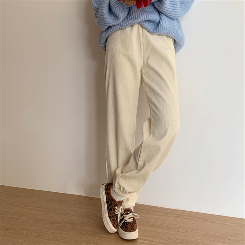 Office Lady Corduroy Slim Retro Fashion High Waist Pants Solid Loose Casual Trousers Warm Chic Women Femme 210421