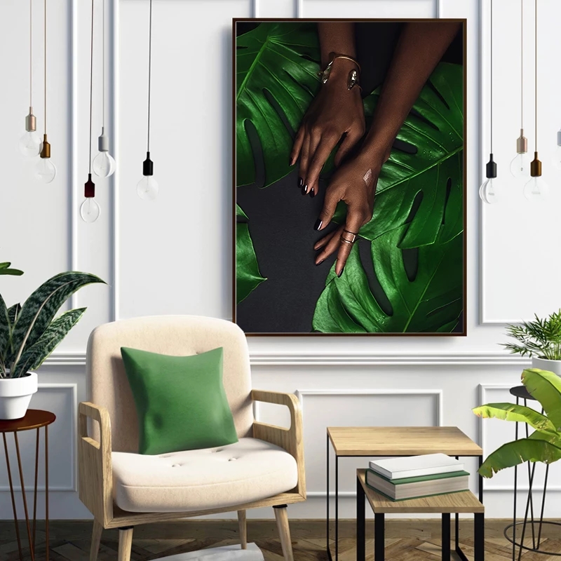 Gold Black Woman Green Leaf Canvas Painting Sexy Fashion Art Poster and Print Wall Picture Modern Home Living Room Decoration