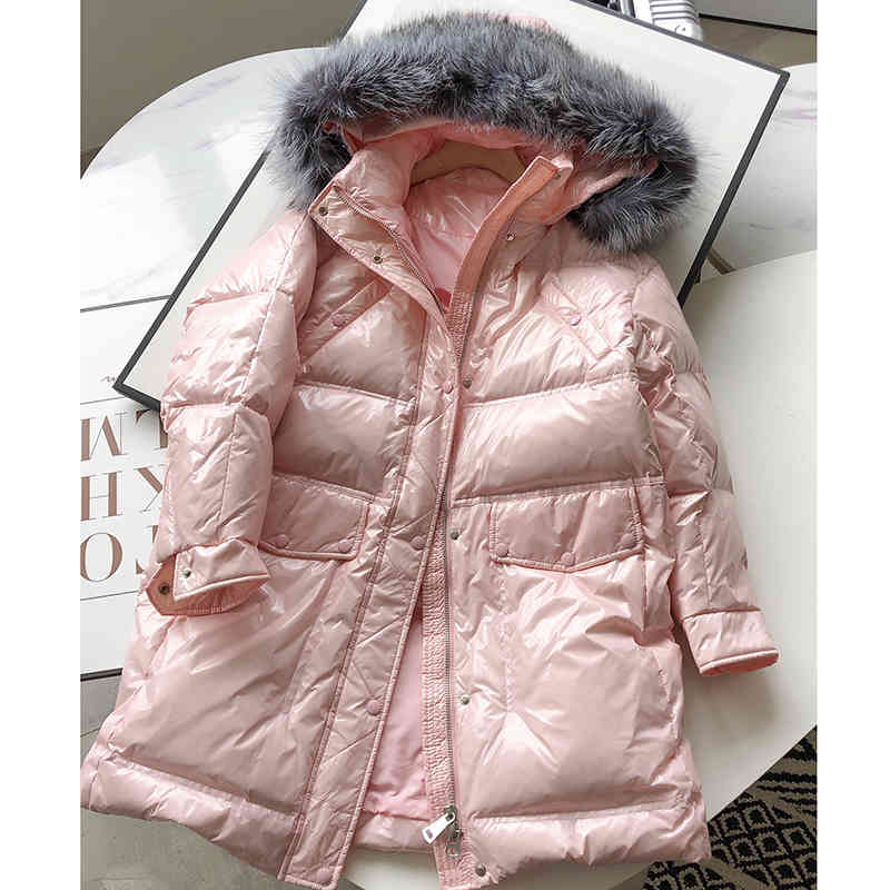 Winter Women 90% White Duck Down Jacket Detachable Large Real Fur Collar Overcoat Glossy Cool Loose Warm Thick Coat 210430