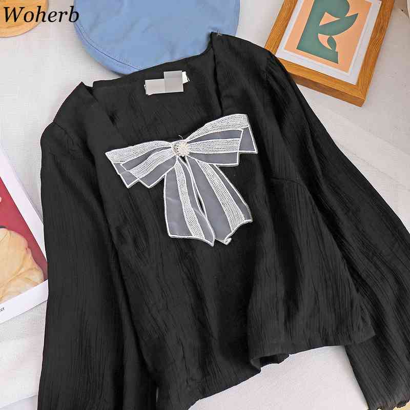 Sweet Square Collar Crop Short Tops Women Bow Beading Fashion Long Sleeve Blouse Summer Casual All Match Blusas 210519