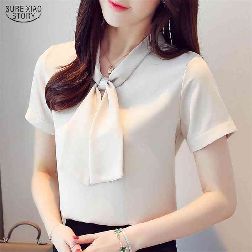 Casual Short Sleeve Solid Shirt Women Summer V Neck Tops Chiffon Pullover Blouse Blusas Mujer De Moda 9569 210506