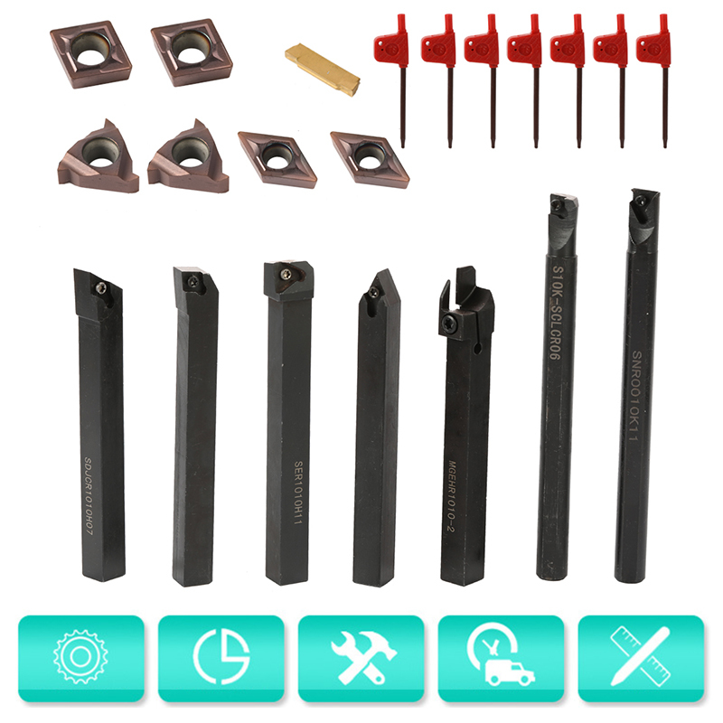 7pcs 10mm Shank Lathe Tool Holder Lathe Tools Metal Cutter Industrial Turning Rod With Carbide Inserts