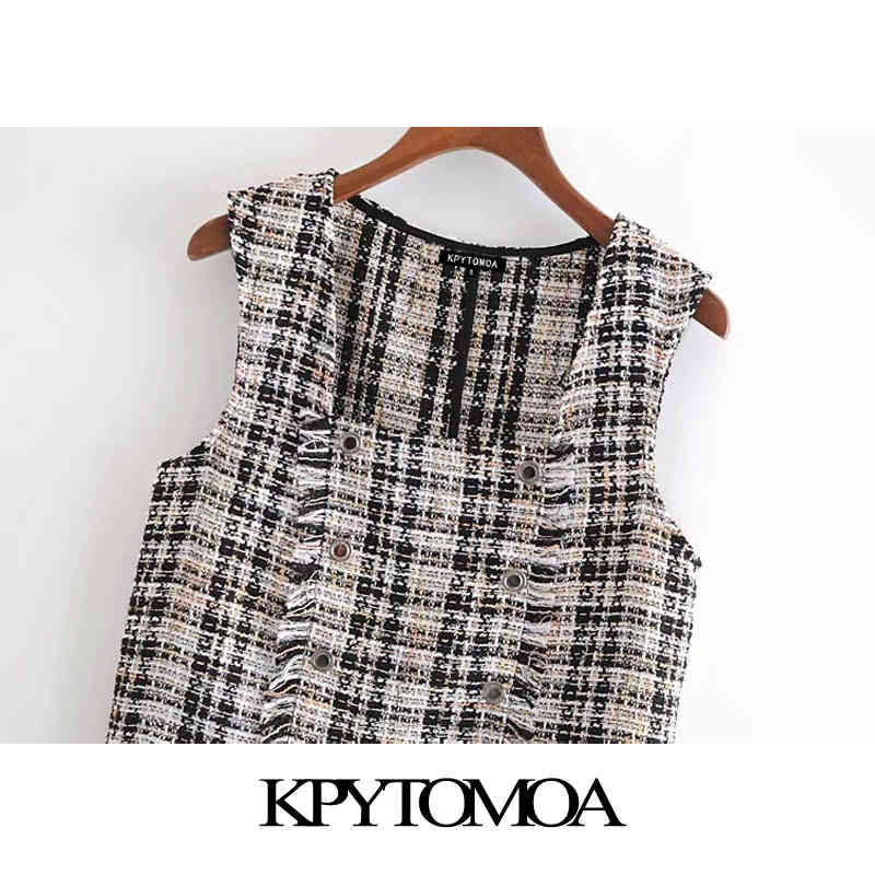 Women Fashion With Frayed Trim Tweed Check Waistcoat Square Collar Sleeveless Female Vest Coat Chic Tops 210420