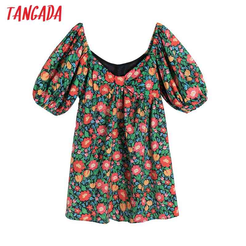 Summer Women Floral Print French Style Puff Short Sleeve Ladies Mini Dress Vestidos 6H4 210416