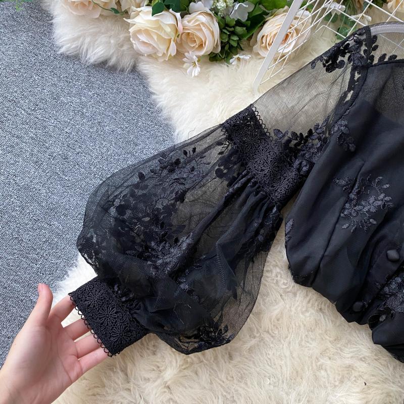 Lady Retro Mesh Lace Tops Womens Stand Collar 3D Embroidered Long Lantern Sleeve Court Slim Shirt Elegant Blouse P298 210401