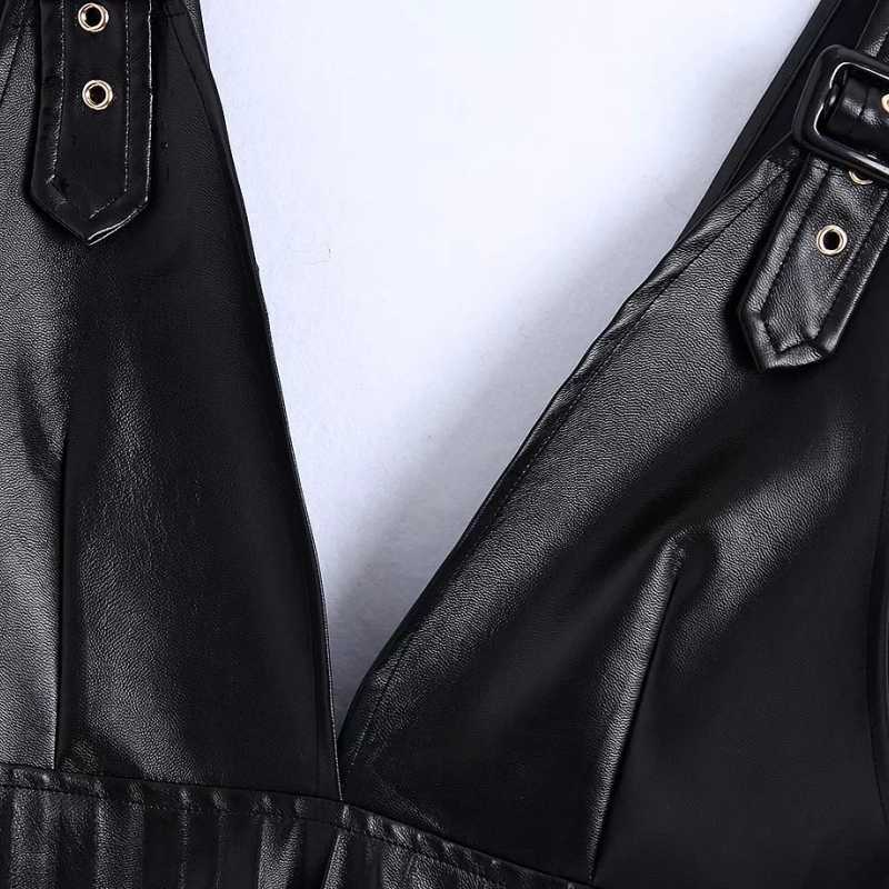 Women PU Leather Deep V Neck Pressed Pleat Splicing Mini Dress Female Sleeveless Clothes Casual Lady Loose Vestido D6967 210630