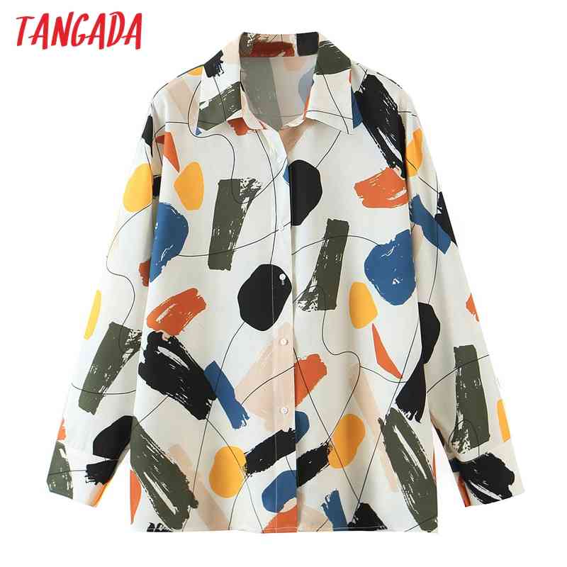 Women Retro Geometry Print Chiffon Shirt Blouse Office Lady Long Sleeve Chic Female Tops SL546 210416