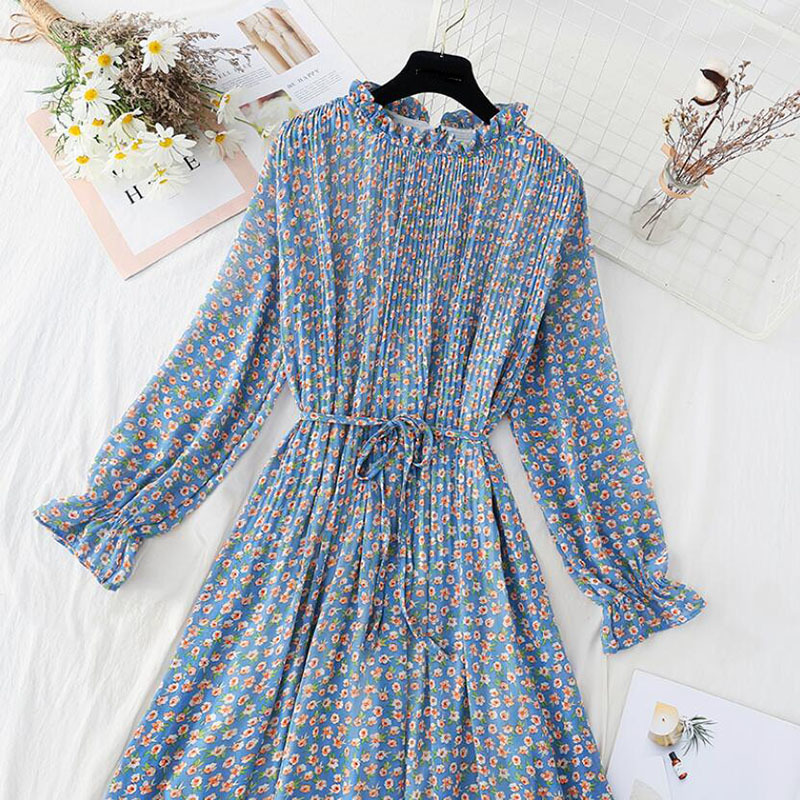 Spring Summer Pleated Chiffon Dress Women Elegant Lotus Leaf Collar Long Sleeve Floral Long Dress Loose Party Vestidos 210521