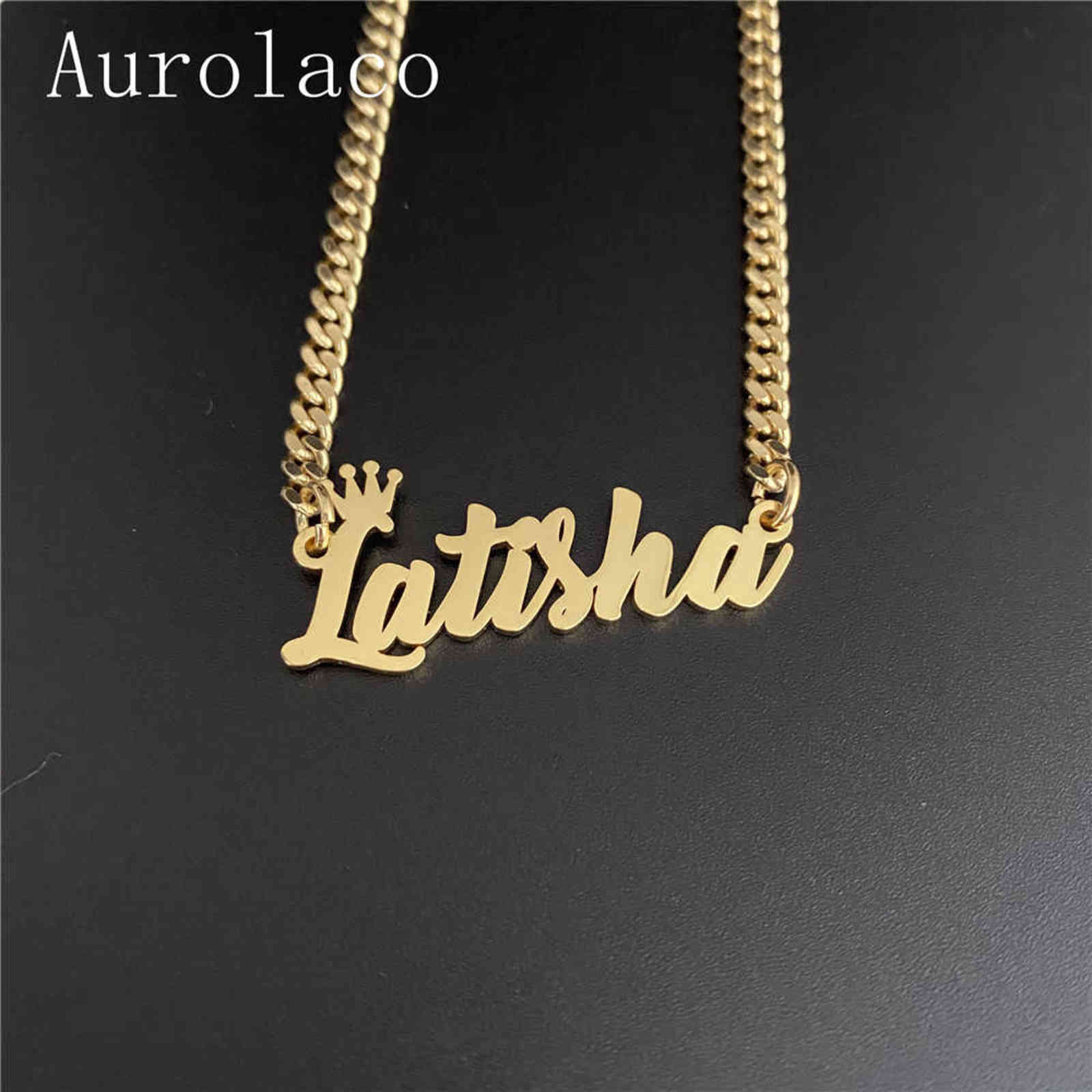 AurolaCo Custom Name Necklaces with Crown Cuban Chain Necklaces Stainless Steel Custom Letter Necklace For Women Gift 211123
