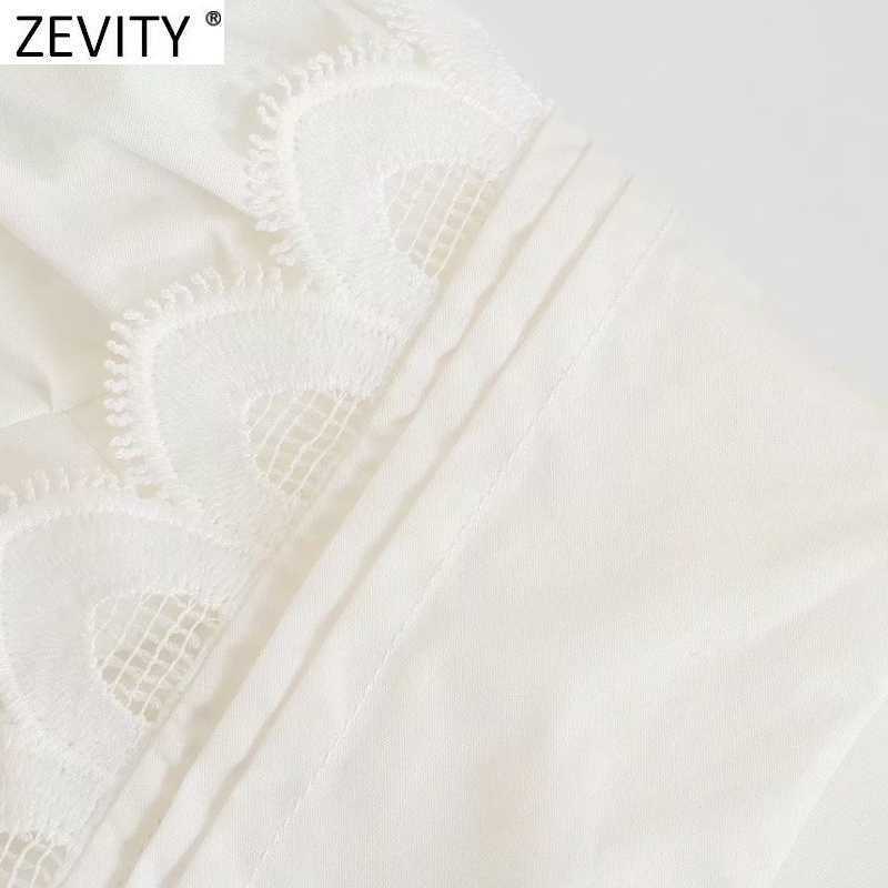 Zevity Women Sweet Lace Stitch Big Turn Down Collar Casual Smock Blouse Female Short Sleeve Poplin Shirt Chic Blusas Tops LS9261 210603