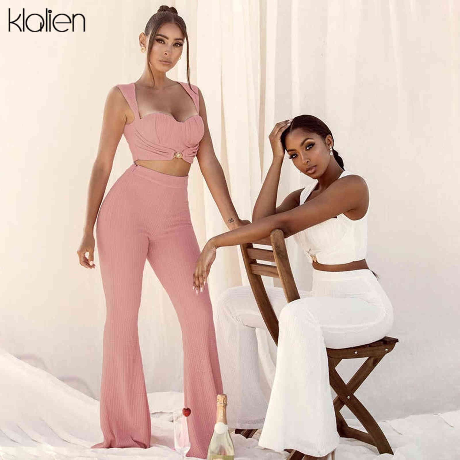 KLALIEN Fashion Elegant Office Lady Camisole and Flared Trousers Two Piece Set Women Casual Street Loose Stretch Solid Outfit 211105