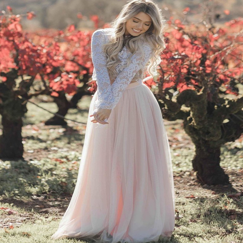 Hippies Blush Pink Gothic Wedding Dress Boho Long Sleeve Two Piece Beach Bohemian Bridal Gown Top Lace Bride Dresses Custom Made Robe De Mariee Vestio
