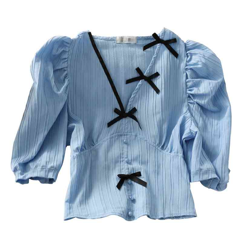 Kimutomo French Bow Blouse Women V-neck Short Sleeve Slim Waist Korean Fashion Summer All-matching Shirt Thin 210521