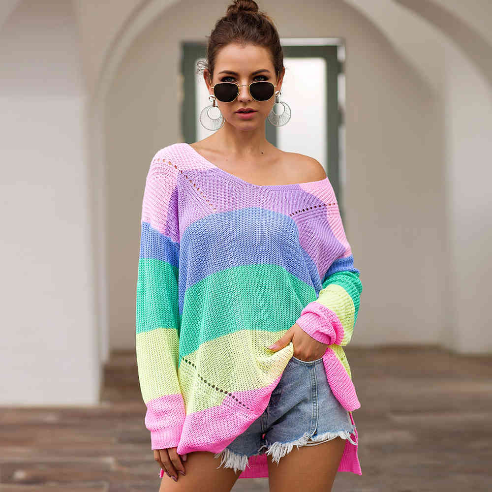 Foridol v neck knitted rainbow oversized sweater women vintage stripe pink sweater jumper autumn winter slit sweater 210415