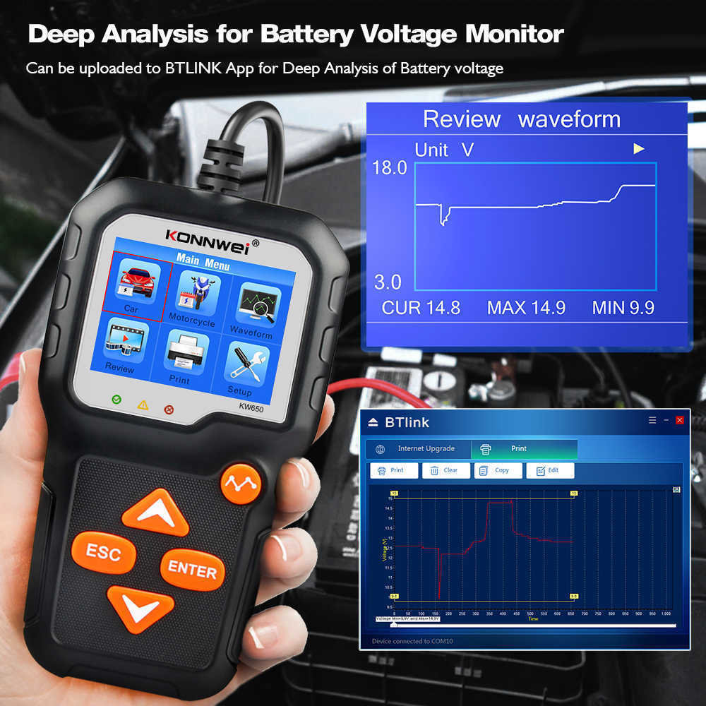 New KONNWEI Diagnostic KW650 Motorcycle Tester 12V 6V Battery System Analyzer 2000CCA Charging Cranking Test Tools for the Car